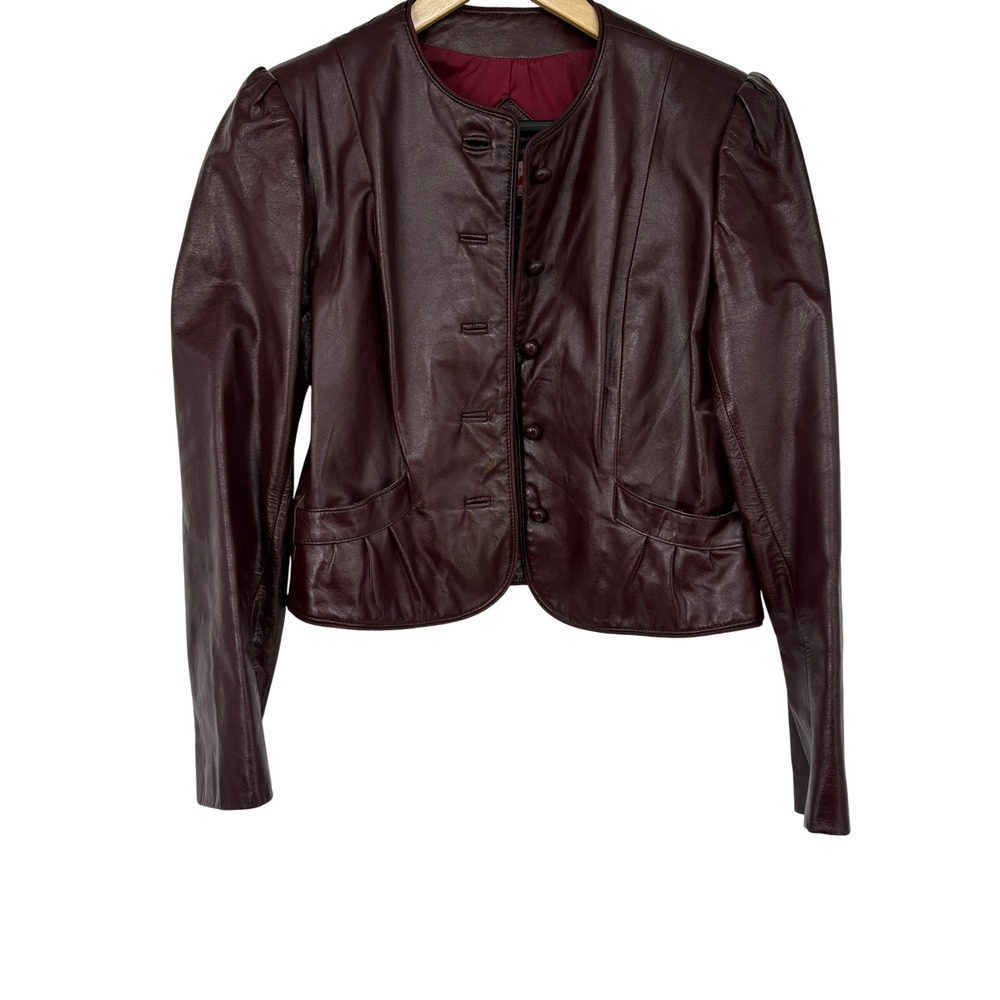 Foxmoor Vintage 80s Burgundy Leather Cropped Jacket Puff Shoulder Womens 9-10